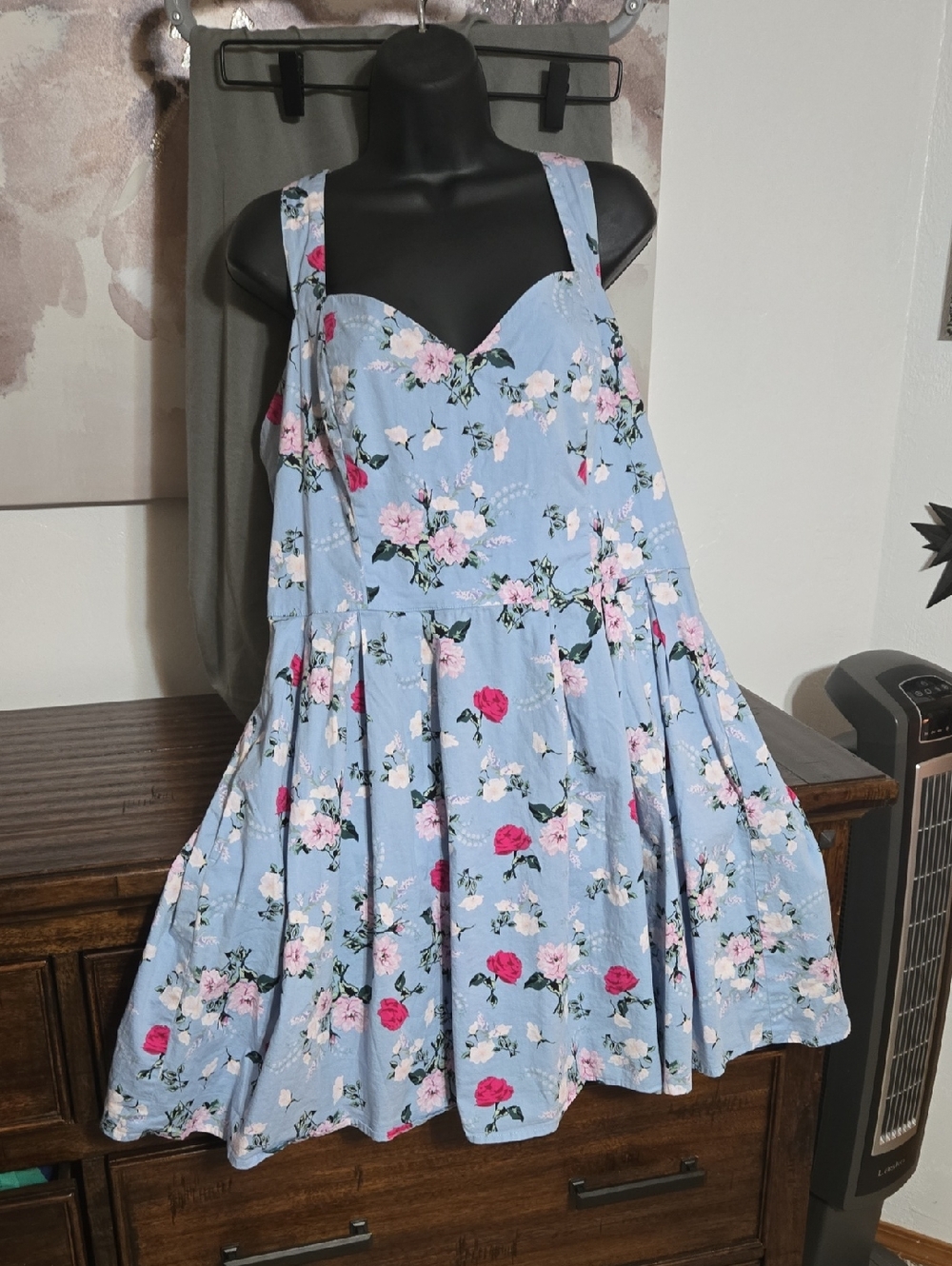 Hell Bunny Blue Floral Sundress with Pink Rose Print